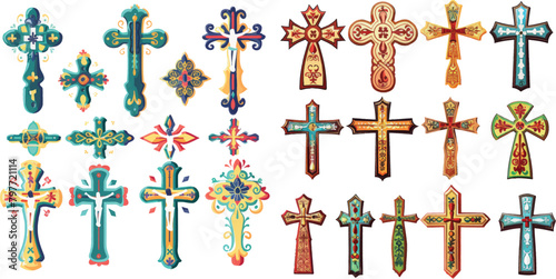 Cross icons set. Decorated crosses signs