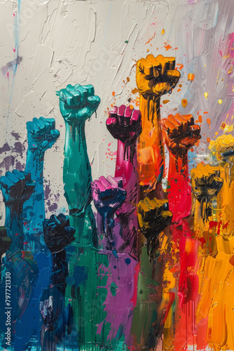 A vivid and striking painting depicting a large group of fists raised in protest, symbolizing unity and resistance against oppression.