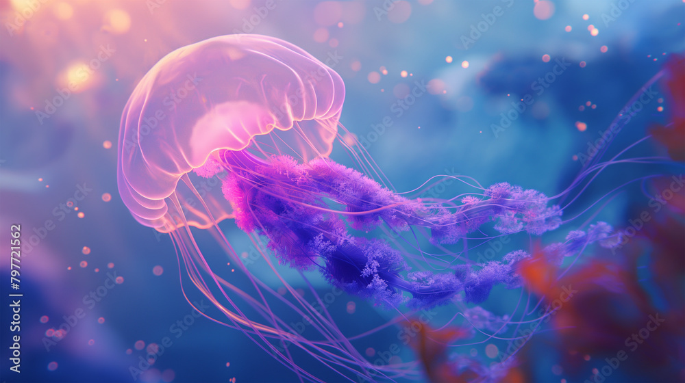 3D holographic jellyfish, its tentacles flowing in an underwater illustration background
