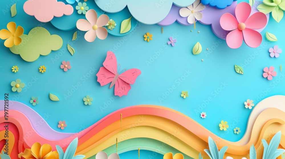 Fototapeta premium Paper Cut Spring Scene with Butterfly and Rainbow
