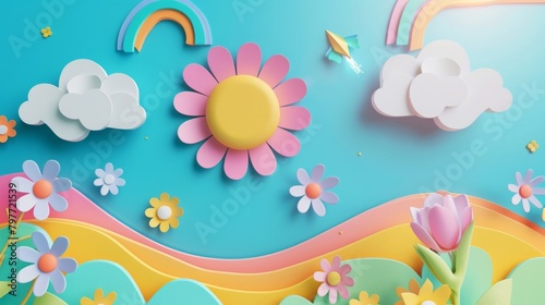 Cute Paper Cut Spring Scene with Flowers and Rainbow
