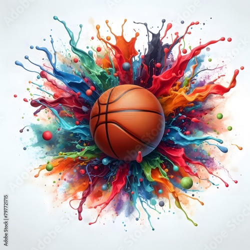 Basketball in the Middle of Colorful Splashes on a Plain Background