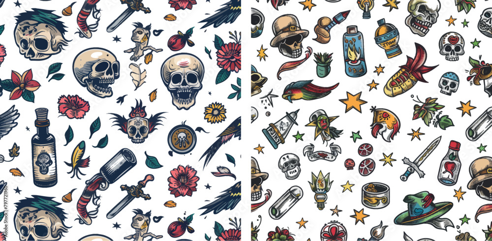 Funny old school tattoo seamless pattern