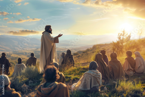 Jesus standing on a hillside, surrounded by attentive listeners, emphasizing his message of peace and humility