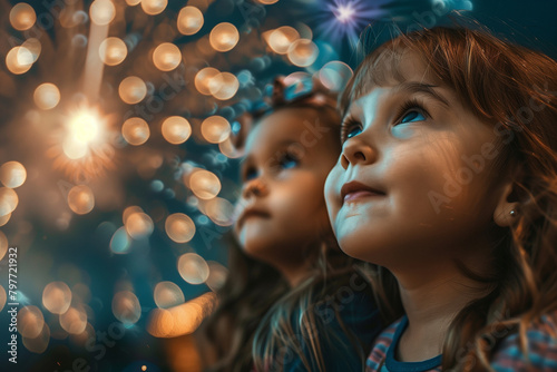 Children's faces filled with wonder and amazement as they gaze at fireworks in the sky