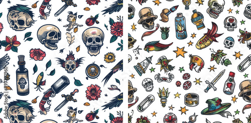 Funny old school tattoo seamless pattern