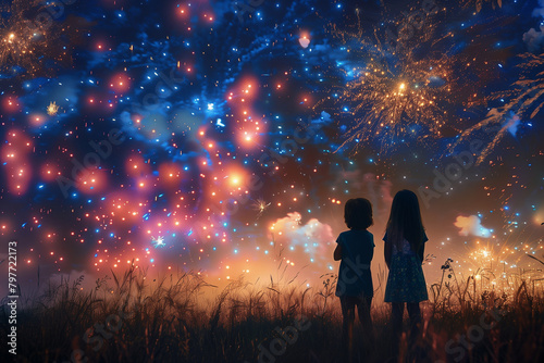 Genuine amazement frozen in time as children watch fireworks light up the dark sky