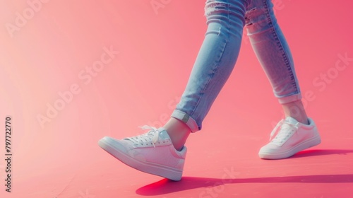 Young female foot step sport walking wearing sneakers progress activity forward