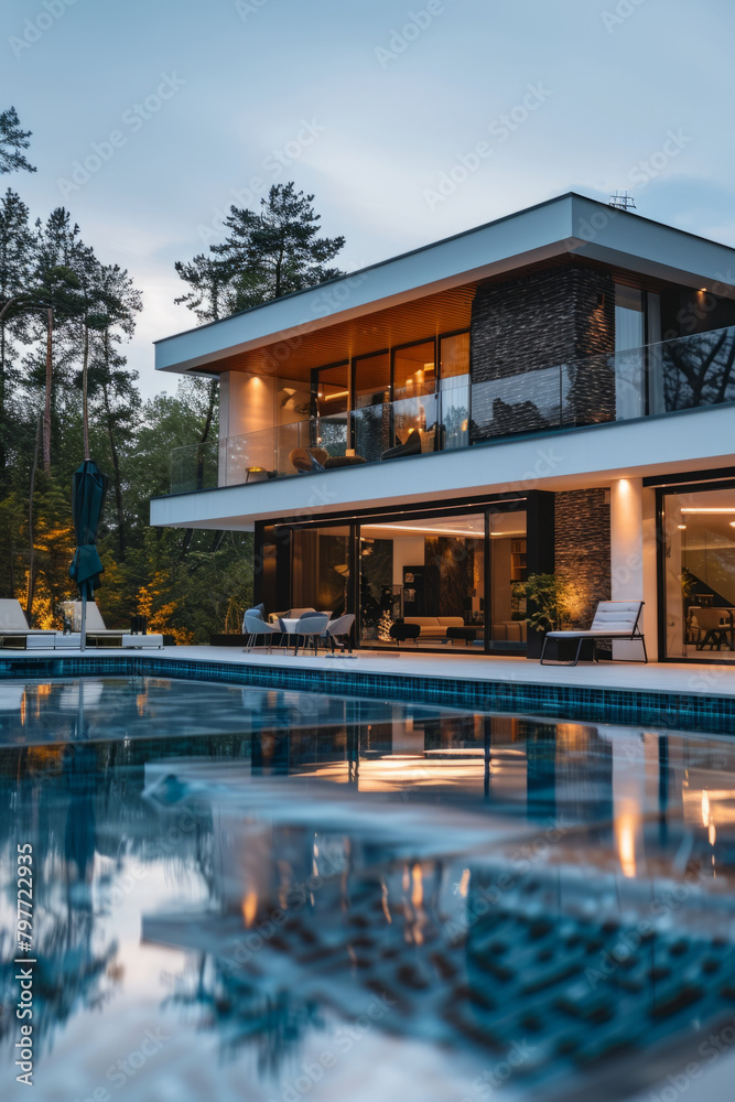A stunning modern house featuring sleek design, expansive windows, and a captivating infinity pool, exuding luxury and elegance.