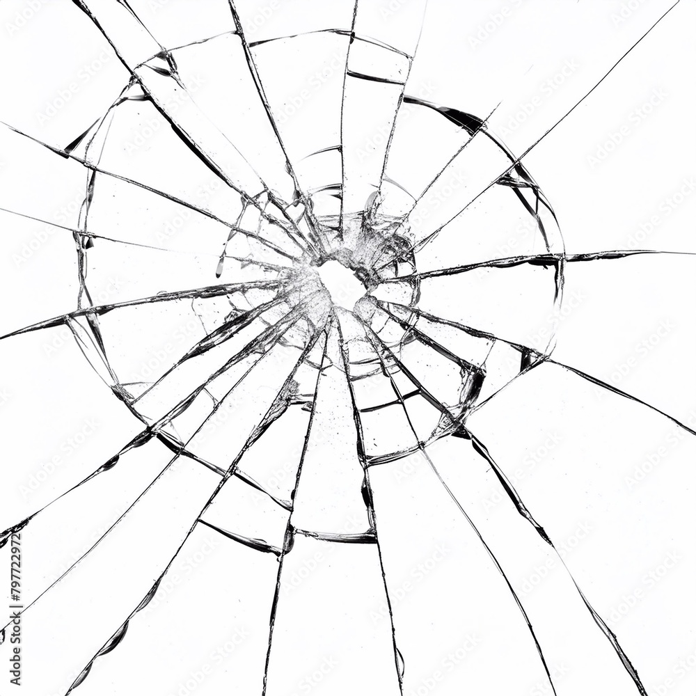 Obraz premium Close-up of a shattered glass pane with intricate cracking resembling a spiderweb