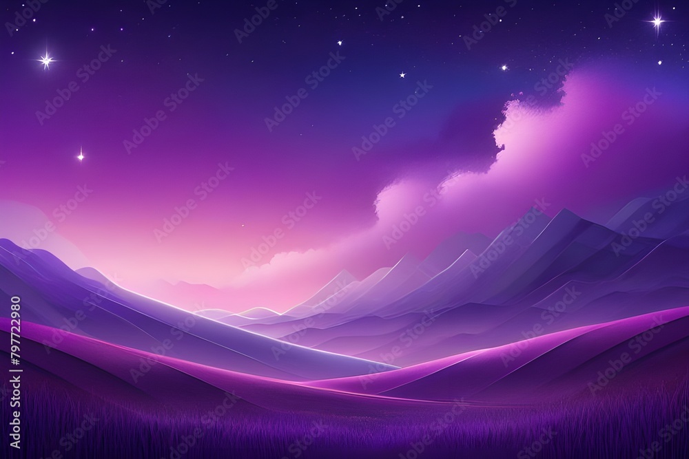 Purple landscape with mountains and stars under a violet gradient sky.