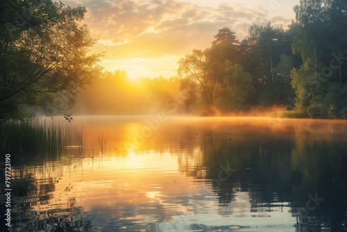 Serene landscape photo showcasing a tranquil sunrise over a calm lake surrounded by nature