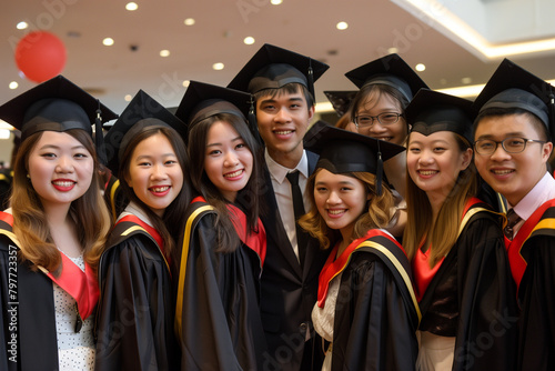 group photo of students in graduation attire, smiling together