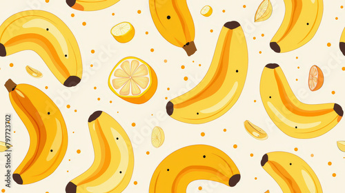 Illustration of yellow bananas and lemon slices scattered on a light background, depicting a vibrant, fresh fruit pattern.