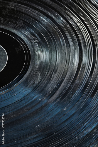 Textured surface of a vinyl record, featuring grooves and concentric rings. Vinyl record textures offer a retro and nostalgic backdrop