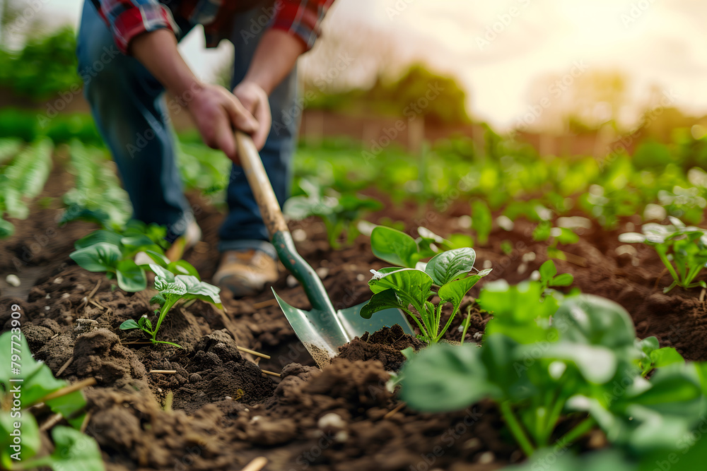 Gardener is digging soil with a shovel at spring green outdoors background. Gardener is digging soil with a shovel at spring green outdoors background.