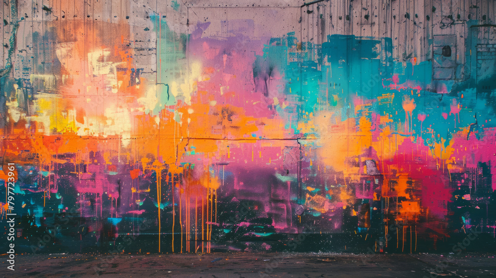 Obraz premium An abstract mural in downtown loft featuring distorted figures and neon splashes, vibrant and eye-catching.