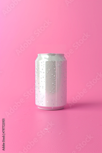 A can of soda is sitting on a pink background