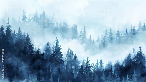 Watercolor foggy forest.