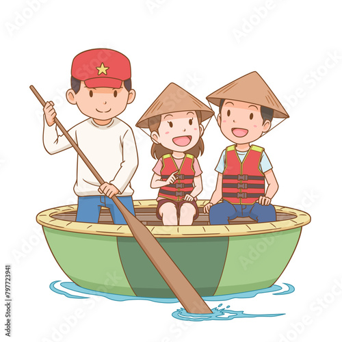Cartoon illustration of tourists riding basket boat which is made from bamboo woven. Tourism in Vietnam.