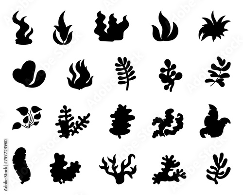 Underwater sea plants. Silhouette Image. Seaweeds. Aquarium planting. Hand drawn style. Vector drawing. Collection of design elements.