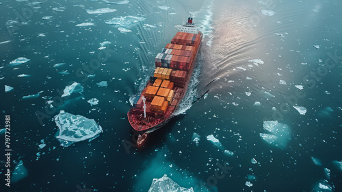 Aerial view of a cargo ship navigating through icy waters with containers stacked high.