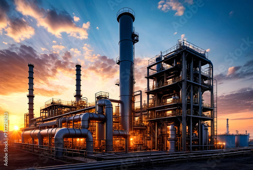 Industrial factory with furnace and heat exchanger cracking hydrocarbons, sunset. Equipment petrochemical plant. Manufacturing and industry technology concept. Gen ai illustration. Copy ad text space photo