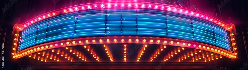 Art deco theater marquee with neon lights, glamorous and historical, vector design, bright lights against dark background, no modern signs