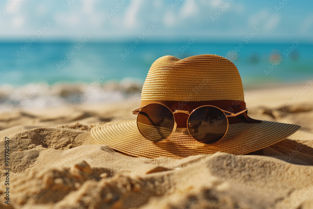 A stylish sun hat and sunglasses resting on a sandy beach