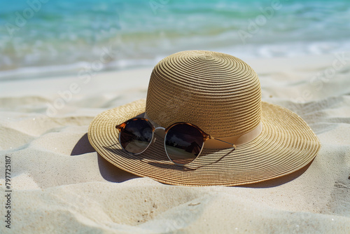 A stylish sun hat and sunglasses resting on a sandy beach