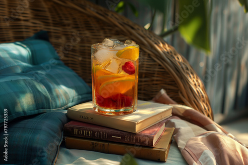 : A stack of books with iced drinks, perfect for a lazy summer afternoon