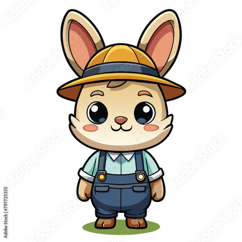Chibi-style Rabbit Farmer Half-Side View Full-Length