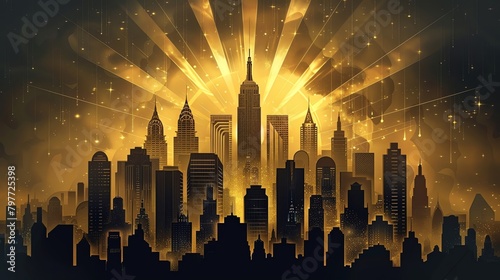 Art Deco style cityscape with skyscrapers and sun rays, glamorous and historical, illustration design, gold and black palette, no modern buildings