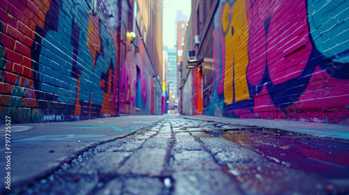 Vibrant wall graffiti in daytime alley, vivid colors and shapes create a striking visual display. photo