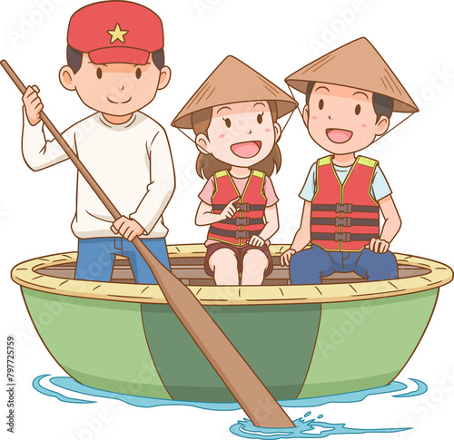 Cartoon illustration of tourists riding basket boat which is made from bamboo woven. Tourism in Vietnam.