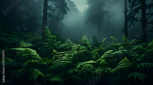 A forest with ferns in the fog photo