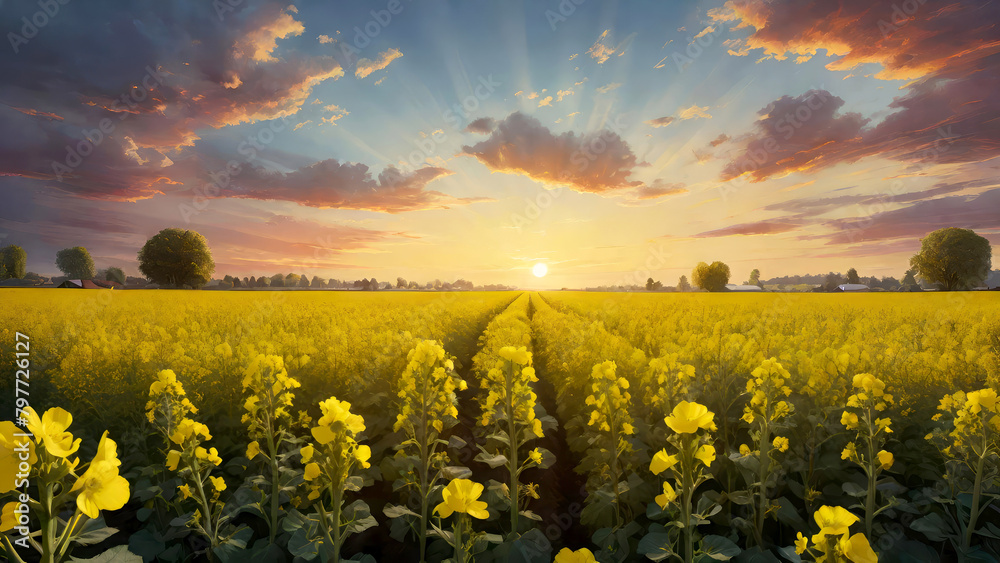Obraz premium Rapeseed field with rape yellow flowers at sunset time.Blooming canola grown for the rapeseed oil crop. Generative AI