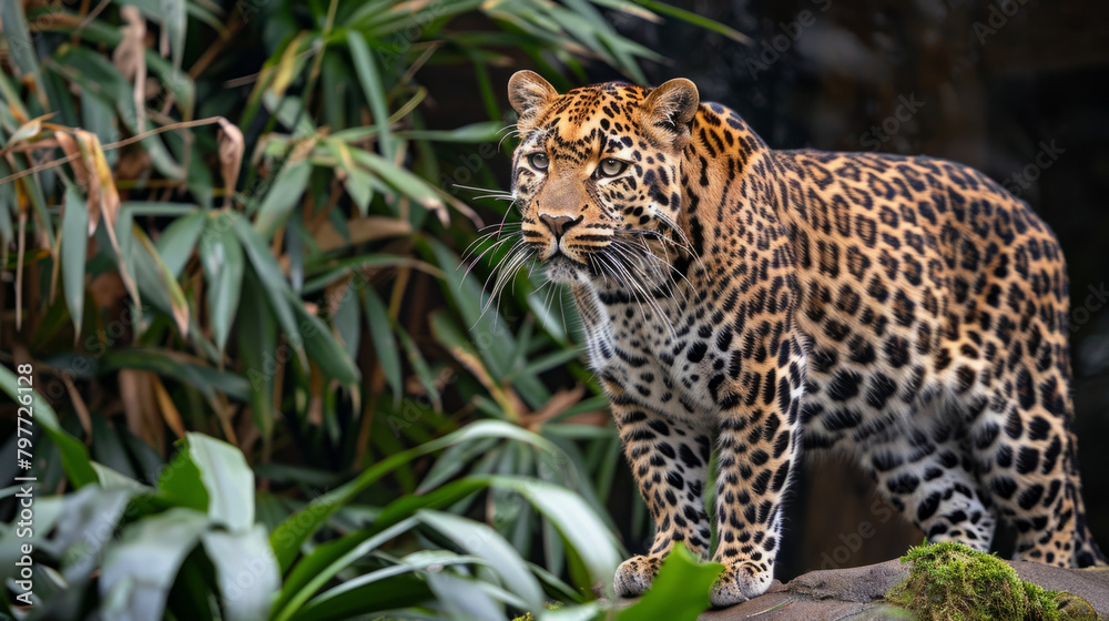 A majestic leopard in its natural habitat, showcasing its full body against a picturesque nature background. A majestic leopard in its natural habitat, showcasing its full body against a picturesque nature background.