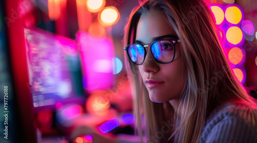 A female programmer focused on coding, wearing glasses and long hair, surrounded by vibrant light.