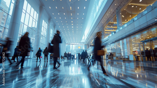 Vibrant business lobby with blurred figures in motion, emphasizing speed and energy. photo