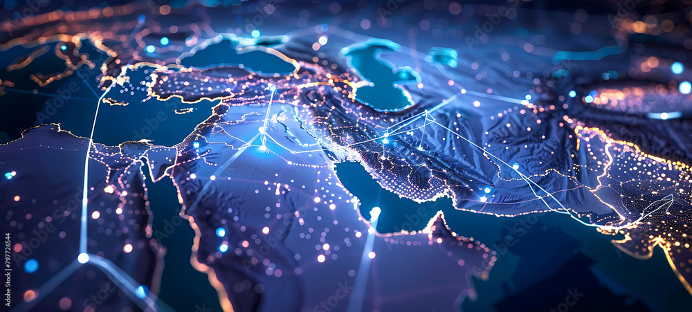 World map made of glowing printed circuits, global network and connectivity, data transfer and technology World map made of glowing printed circuits, global network and connectivity, data transfer and technology