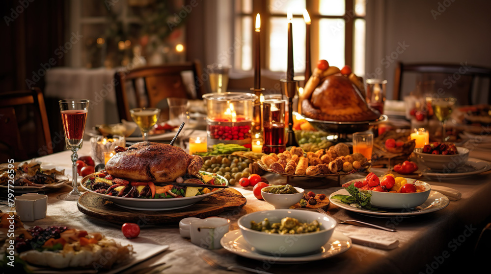 Big dinner for a big family with roast turkey and various beverages. Big family dinner table idea for Christmas. Big dinner for a big family with roast turkey and various beverages. Big family dinner table idea for Christmas.