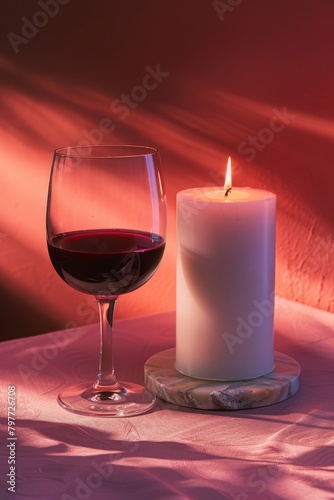 A glass of red wine beside a burning candle  casting warm shadows.