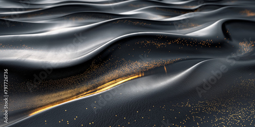 Glänzender wellig geschwungener Kunststoff in gold mit schwarz als Hintergrundmotiv und Druckvorlage, ai generativ