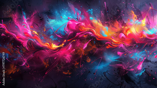 Abstract graffiti art featuring surreal shapes and vibrant neon colors, creating a visually striking and unconventional aesthetic. photo