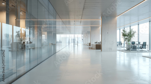 Modern office design with clear glass walls for a transparent and open work environment.
