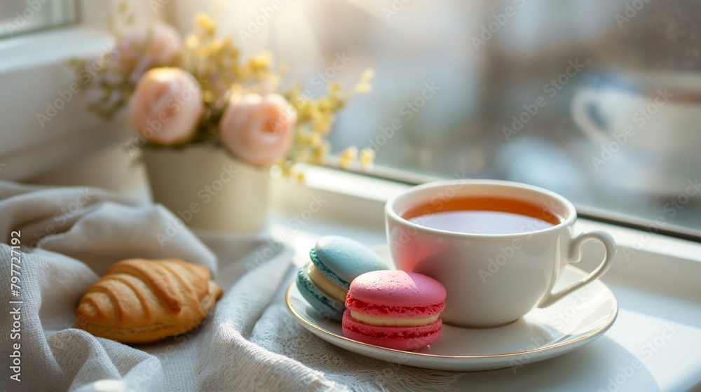Cozy Afternoon Tea Setting With Colorful Macarons and Fresh Croissant