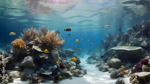a underwater scene with fish and corals and a diver in the water. photo