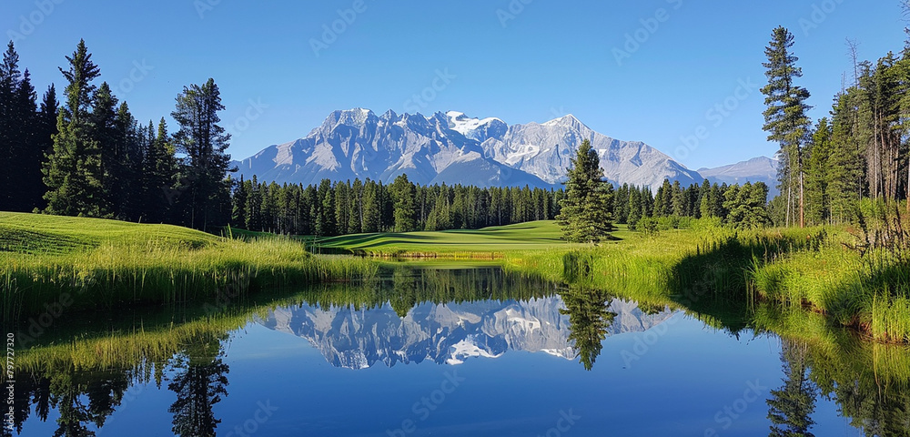 Reflections of towering peaks in a glassy water hazard, mountain majesty.