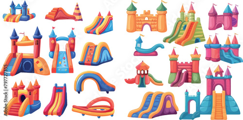 Inflatable castles. Inflated castle and air bouncy slides for kids park, rubber playgrounds child game